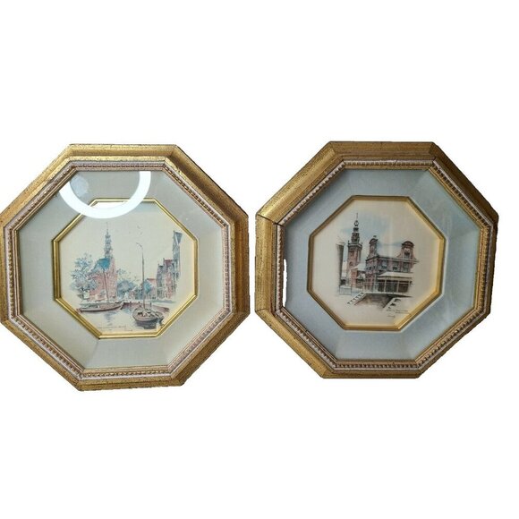 VTG Smeely Cities Octagonal Gold Frame Art Print Set Victorian Wall Art Signed